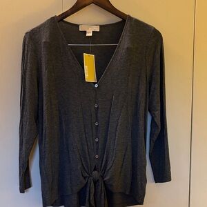 Flawed NWT MICHAEL By Michael Kors Gray Tie-Front Button Down Sweater Medium